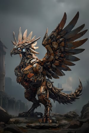 Masterpiece, professional, Top Quality, High Definition, high detail, perfect detail,A griffin,made from gears rusted metal, and glowing parts, with its wings spread wide. The griffin's body is an intricate assembly of interlocking gears and corroded metal plates, giving it a rugged, industrial appearance. Its eyes and certain joints feature glowing, luminescent elements that pulse with an eerie light. The wings, constructed from overlapping metal feathers, are extended majestically, each feather adorned with tiny, glowing circuits. The background is a dark, misty landscape with hints of ancient ruins, enhancing the mythical and mechanical nature of this fantastical creature,adding to the steampunk atmosphere.",
