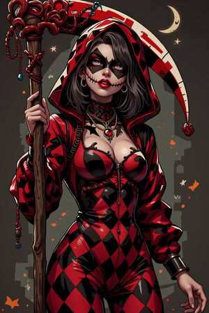 masterpiece, best quality, ultra high resolution, visually stunning, scary art, (Full body), (a stylized harlequin holding a scythe with a Halloween style that captures the attention of the public), (a woman in a red and black outfit and a mask), with a checkered pattern, (a necklace and a hood), badass, realistic, detailed, 4k,aw0k euphoric style,aesthetic portrait,pturbo,monster,Sci-fi ,scythe