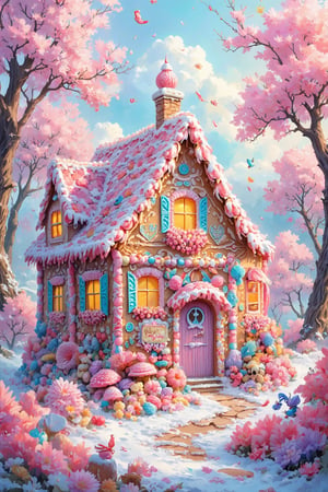 A whimsical house built entirely out of candy and sweets, with gingerbread walls, candy cane-framed windows, and a gumdrop-covered roof. The scene is set in soft pastel colors like pink, light blue, and lavender, creating a magical, dreamlike atmosphere where everything looks edible and delicious