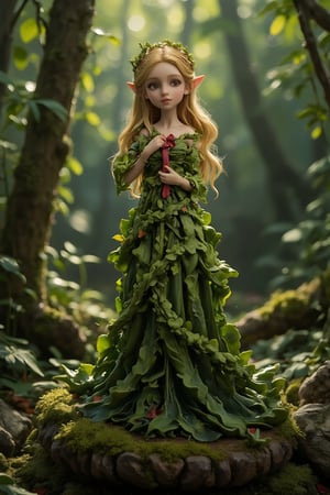 A whimsical portrait of a petite girl elf standing on a moss-covered base, dressed in a flowing green gown crafted from intricately woven leaves. Her long blonde locks cascade down her back as she delicately holds a vibrant red bow against her chest, set amidst a serene forest glade with dappled sunlight filtering through the leafy canopy.,Resin