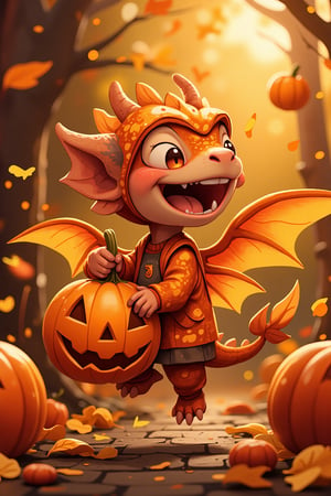 an adorable little Halloween baby dragon fly, joyfully carrying a Halloween pumpkin. Envision a perfect Halloween theme background that enhances the cuteness of the scene. Request a super cute and enchanting image that captures the magic of Halloween with this lovable character,Leonardo Style