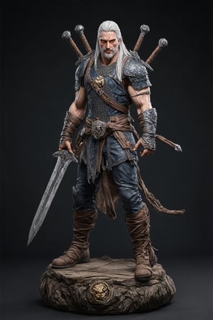 masterpiece, best quality, ultra-detailed, perfect anatomy, High detailed, detailed background,High detailed hands, beautiful face.3d premium figure,PVC, collectible statue, detailed sculpture, museum quality display piece, Geralt of Rivia, rugged face, stern expression, white long hair tied back, stubble beard, scar across eye, cat-like yellow eyes, wolf head necklace, medieval fantasy warrior, leather armor, chainmail details, weathered metal studs, intricate leather straps, dual swords on back, silver and steel swords, detailed sword hilts, combat ready pose, battle stance, leather gauntlets, arm guards, dark atmospheric background, dramatic lighting, moody atmosphere, professional figure photography, straight-on angle, standing on decorative base, dark fantasy style, grimdark aesthetic, realistic textures, detailed leather texture, metallic finish on armor, battle worn appearance, dusty weathered look, fantasy monster hunter, witcher medallion necklace, professional studio lighting, dark misty background,Resin