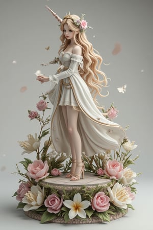 3d rendering,figure resin, basic base (( multiple figures)),(masterpiece, best quality),(detailed eyes,beautiful),(aesthetic,visual appeal),full body,side view,distance view,(1 girl), fantasy, butterfly, (1 unicorn),dreamy,flower,super detailed,more detailed,meticulous,laughter and joy,trecking,Resin