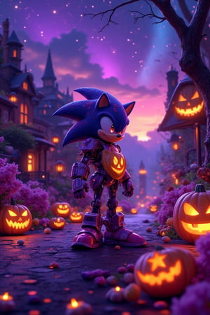 ((masterpiece, best quality)),(complex light),trending, high quality, realistic, intricate detailed, graceful and beautiful textures,16K,Generate hyper realistic image,trending features a fantastical,aurora lights,In sonic the hedgehog. a beautiful detailed cyborg sonic, halloween jack-o-lantern fusion, solo, witch, pumpkin shield, jack-o-lantern design, halloween elements, seamless blend, candy elements, pumpkin elements, purple&orange&black color scheme, halloween decorations, transparent purple overlay, iconic halloween, ARW, best quality, 8k, highres, masterpiece, ultra-detailed, Capture the whimsical essence of a fantasy world at dusk, where the blight air is alive with cozy warmth. In a Ghibli-inspired photography style, frame a serene road winding through a lush landscape of intricately detailed, glowing bioluminescent plants. As the sun sets, aurora lights dance across the horizon, casting a kaleidoscope of colors on the ground. Glass stars scatter across the scene, adding a touch of magic to the atmosphere. The camera's gaze is angled dynamically, showcasing the textured beauty of the environment. In the foreground, a subtle depth of field highlights the delicate details of the glowing plants, as if they're radiating an otherworldly energy.realistic, photorealistic, HDR, UHD, vivid colors, professional, concept art, sonic the hedgehog , anime-style elements blend seamlessly with 3D-rendered environments, created using Blender and photorealistic rendering at 1.4 resolution. The image is presented in RAW photo quality, with meticulous attention to detail and textures.