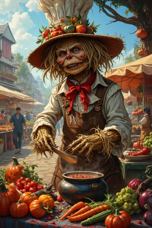 Masterpiece, best quality,A scarecrow with a straw hat and a chef's hat stands at a bustling market stall, chopping vegetables and stirring a simmering pot. The scarecrow's face is focused and determined, its hands quick and skilled as it prepares a delicious meal. Behind it, a vibrant market scene unfolds, with stalls selling fresh produce and handmade goods. The scarecrow's hat is adorned with a collection of kitchen utensils and spices, symbols of its love for cooking and the joy of creating delicious dishes for others to enjoy. DarkHalloween,justart01,cartoon art,Fantasy detailers