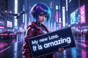  image of a cyberpunk-themed girl in a futuristic setting. She has a partially robotic body with sleek, metallic limbs and neon lights integrated into her design. Her hair is a vibrant color, possibly electric blue or neon purple, and styled in a modern, edgy cut. She is holding a metallic sign with the text ' My new Lora. It is amazing ' in bold, futuristic font. The background features a neon-lit cityscape with holographic billboards, flying cars, and a dark, rainy atmosphere. The overall vibe should be gritty, yet visually striking, with a focus on the contrast between the girl's human and robotic features