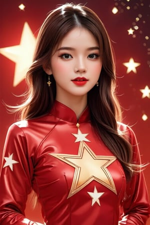 1girl,best quality,masterpiece,illustration,an extremely, red  AO DAI clothes, Golden five-pointed star pattern on chest, The background is a star pattern, delicate and beautiful,CG,unity,8k wallpaper,Amazing,finely detail,masterpiece,official art,extremely detailed CG unity 8k wallpaper,incredibly absurdres,huge filesize,ultra-detailed,highres,extremely detailed,beautiful detailed girl,realistic