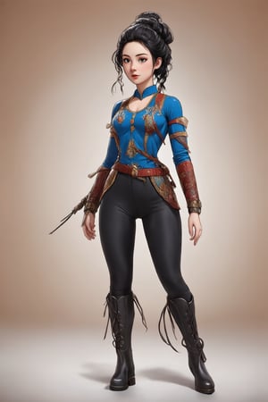 women. beautiful detailed face, black hair, pale skin, light skin, realistic skin, detailed fabric texture, detailed hair texture, perfect proportion, accurate, anatomically correct, highly detailed skin and face texture, modern, photorealistic, perfect face, hyper realism, mega realism, high quality. warrior, ancient mongolia, messy hairstyle. whole body. black pants, black boots,digital art