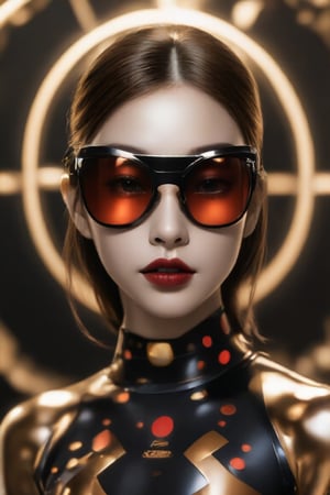 The image depicts a portrait of a person with stylized features. The a woman wears and wears black dots on her head, in the style of futuristic fantasy, 3d, metallic sculpture, elegant, emotive faces, dark Orange and red and light silver,her eyes wearin a futuristic sun glasses algorithmic artistry, high resolution. The background is blurred with hints of gold tones, which serve to highlight the subject without distracting from the intricate details of the jewelry and makeup.,1girl,Supreme