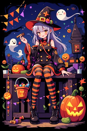 (masterpiece), night, scenery, 1girl, halloween striped thighhighs, witch hat, grin, (ghost:1.3), sweets, candy, cookie, chocolate, string of flags, halloween costume, jack-o'-lantern bucket, halloween