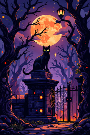 A bewitching Halloween 2024 poster: A hauntingly beautiful illustration of a mystical forest at dusk. Tall trees with gnarled branches stretch towards the moon, their leaves rustling in an eerie whisper. In the foreground, a majestic black cat perches atop a crumbling tombstone, its eyes glowing like lanterns in the darkness. The composition is balanced by a spider's web-covered gate, creaking ominously in the wind. Vibrant orange and purple hues dance across the sky, as if the moon itself is casting an otherworldly glow.