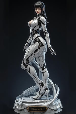 Porcelain figure about a very beautiful girl, black hair, hime cut, black eyes, ((porcelain texture:1)), elegant, full body, mecha girl, smiling, \(perfect anatomy)\, futuristic design, highly detailed, is on a pedestal, sexy pose, looking at the viewer, masterpiece, 8k, stunning image, on the pedestal is a plaque that reads "Premium Edition." .,Resin