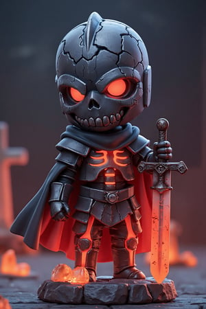 3D. chibi, A high-quality anime-style figure of a skeletal knight, dressed in dark, tattered armor with glowing red eyes. His body is made of detailed skeletal parts, with glowing cracks running through the bones, giving him a haunting look. He holds a rusted sword in one hand, and his tattered cape flows behind him. The figure stands on a minimalistic base adorned with glowing embers and small gravestones, capturing the eerie presence of a fallen knight risen from the dead.,Blind