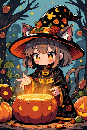 (detailed description),(best quality),(extremely detailed),(masterpiece),(pumpkin:1.5),(chibi:1.2),(A magical cat-eared girl casts a spell),(wizard hat, black wizard costume:1.3)