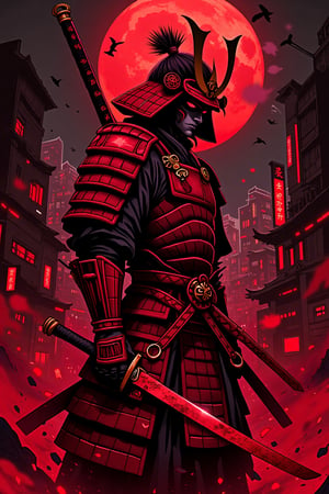 detailed illustration, illustration by Serpieri,score_9, score_7_up, (samurai, red armor details, fiery katana, toxic red hair, toxic red color in the entire composition associated with the samurai, everything else is gloomy and inversion in color, the background is a city in inversion color, night, dark atmosphere,