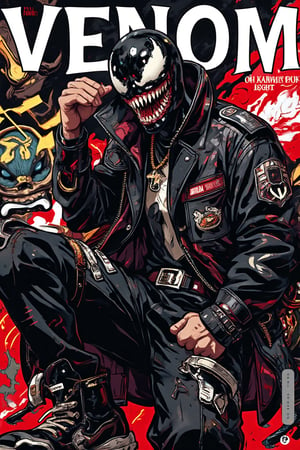 Create a fashion magazine cover featuring the character Venom, styled in fashionable male clothing and striking a stylish pose. The cover should have a bold and modern aesthetic, with the title 'VENOM' prominently displayed. Emphasize Venom's unique features while showcasing a blend of high fashion and edgy design.