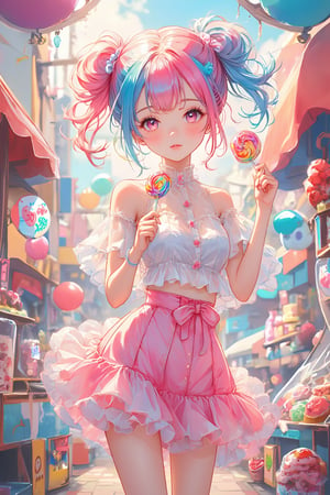 A young woman with playful pink and blue hair styled in twin buns stands in a vibrant, candy-themed market, illustrated in a realistic anime style. She wears a sheer, ruffled top and a matching pink skirt, holding a colorful lollipop. The background is filled with highly detailed candy displays and ornamental decorations, bathed in warm, soft light. The realistic anime style emphasizes more natural proportions and lifelike textures, with a focus on intricate details in her clothing, hair, and the market setting, while maintaining an expressive, emotional tone.