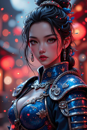 Story, mature girl warrior , wearing blue armor posing, elaborate scene style, glitter, red, realistic style, 8k,exposure blend, medium shot, bokeh, (hdr:1.4), high contrast, (cinematic, dark red and white film), (muted colors, dim colors, soothing tones:1.3), low saturation, (hyperdetailed:1.2), (noir:0.4) , cute face , asian girl,demonictech,fantchar