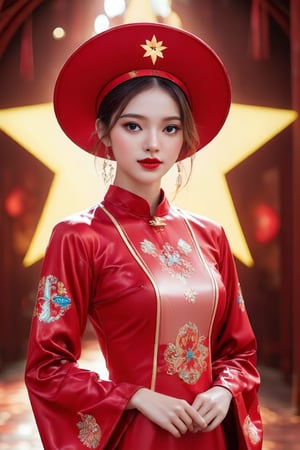 1girl,best quality,masterpiece,illustration,an extremely, red  AO DAI clothes, one Golden five-pointed star pattern on chest, The background color is red with a golden star shining golden behind the model's back, delicate and beautiful,CG,unity,8k wallpaper,Amazing,finely detail,masterpiece,official art,extremely detailed CG unity 8k wallpaper,incredibly absurdres,huge filesize,ultra-detailed,highres,extremely detailed,beautiful detailed girl,realistic, long sleeve, conical hat