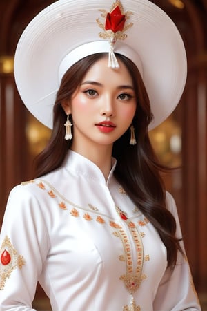 1girl,best quality,masterpiece,illustration,an extremely, white AO DAI, ,Vietnamese Imperial hat, delicate and beautiful,CG,unity,8k wallpaper,Amazing,finely detail,masterpiece,official art,extremely detailed CG unity 8k wallpaper,incredibly absurdres,huge filesize,ultra-detailed,highres,extremely detailed,beautiful detailed girl,realistic