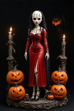 masterpiece, best quality, ultra-detailed, perfect anatomy, High detailed, detailed background,High detailed hands, beautiful face.Seasonal figure diorama featuring a super-deformed Halloween version of "Lady Jason" designed by Mark Ryden, a Halloween themed background, and scary lights. (detailed texture, high quality, high resolution, high precision, realism, color correction, proper lighting settings, harmonious composition, Behance work),VNS_Add more details,Resin