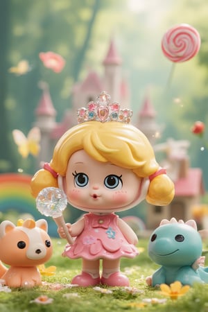 (Blind Box Toy Style: 1.3) 3D Masterpiece Stars Masterpiece , Colorful Cute Theme,a little girl, cute, innocent, rosy cheeks, big round eyes, (freckles:0.8), flowery dress, (sparkling tiara:1.2), magic wand, (talking animal companions:1.3), enchanted forest, colorful butterflies, magical creatures, (friendly dragon:1.1), castle, rainbow, (floating fairies:1.1), (giant lollipop:0.9), (candy house:1.2), (wishing well:1.1), sparkles, happiness, adventure, (storybook:1.1), dreamy, whimsical, (soft sunlight:1.2), (glistening dewdrops:1.1), (giggling:0.8), (imagination:1.3), (wonder:1.1), fantasy world, (storybook ending:1.1)