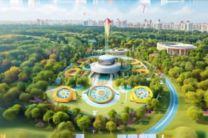 It generates an aerial view image of a edutaintment park, modern architectures, trees, Vietnam, flying kites, sunlight, full hd 