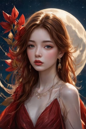 (1girl, face focus, medium shot, gracefully, golden petals and red flowers form intricate patterns against the backdrop of the moon, reminiscent of the styles of Yoann Lossel, Cyril Rolando, Nan Goldin, Lee Bontecou, and Loish), Detailed texture, High quality, High resolution, High precision, Realism, Color correction, Proper lighting settings, Harmonious composition, Behance Works,detail-rendering,Watercolor,Realistic Enhance,redhead