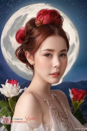 A captivating Vietnamese redhead with porcelain-perfect skin and chic bun hair radiates warmth in a medium shot against a serene moonlit backdrop featuring an exquisite floral pattern in two harmonious colors. Soft, flattering lighting illuminates her face, accentuating features. The composition guides the viewer's eye through flower arrangements and subtle facial expressions, reminiscent of Behance's finest works.