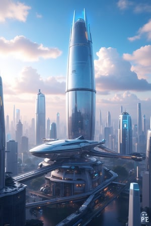 Masterpiece, Professional, Top Quality, High Resolution, Highly Detailed, Perfectly Detailed, JQZX,no humans,sky,cloud,day,outdoors,building,city,science fiction,cityscape,blue sky,skyscraper,bridge,cloudy sky,fantasy,alien technology,interstellar navigation,