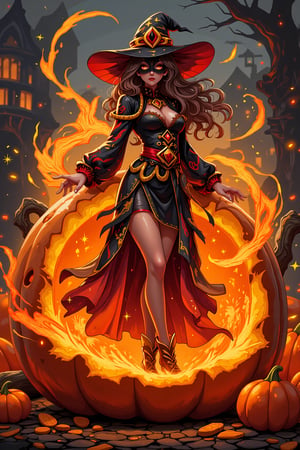 solo,a witch,mask,Standing on a giant jack-o'-lantern,swirling magic around her body, full body, cinematic lighting, very detailed, vibrant, 8k, best quality, ultra sharp focus, glowing, sparkles, artwork by granblue fantasy, artgerm, amazing background