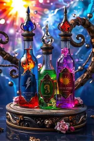 3d rendering,figure resin, basic base ,(masterpiece, best quality),Potion Two or three potions, vibrant and surreal. It is shot in a medium shot, with potions of different colors on a table. Soft, warm lighting highlights the intricate details of the bottle and its contents. The medicine bottle contains many different elements. One bottle is snowstorm, one bottle is flames, one bottle is flash thunder and lightning, one bottle is pure white light, and one bottle contains the sun galaxy. The composition is balanced, and the background is abstract and colorful. elements that enhance the dreamy atmosphere. The display of potions has a sense of mystery and fascination.