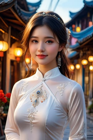 (realistic), full body, 1woman in white ao dai, trouser Ao Dai, medium length hair, (moderate bust), hair ornaments, detailed face, beautiful eyes, jewelry Hoi An ancient town setting fantasy a masterpiece complex night perspective ambient light 4k resolution extremely detailed

