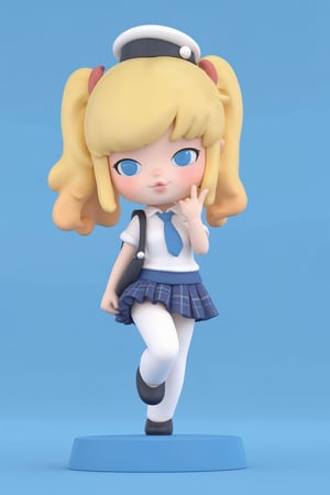 3d rendering,pvc figure, basic base,
1girl,solo,skirt,twintails,blue eyes,pantyhose,blonde hair,chibi,white pantyhose,hat,black footwear,full body,shirt,bag,pleated skirt,standing,necktie,school uniform,white shirt,shoes,standing on one leg,plaid skirt,v,short sleeves,looking at viewer,plaid,blue background,bangs,blue skirt,blush,simple background,blue necktie,collared shirt,alternate costume,long hair,parted lips,