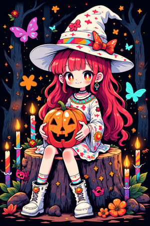 ink outline, fine detail rendered, colorful, horror style, 1girl, chibi, white witch, adorable, cute, kawaii, sitting on a stump, holding a haunted pumpkin with both hands, colorful candles lined up all around her, long red hair, smile, white witch's hat, white dress, boots, stunningly crafted jewelry, full body, deep forest, butterflies, fantastic, mysterious, most fashionable, most stylish, dark background, detailed background, every detail is rendered in superb detail, perfect composition, masterpiece, best quality, 8k, ultra-detailed, very clear, perfect anatomy, anatomically correct hands, beautiful face, beautiful eyes, detailed eyes, beautiful hair, detailed hair