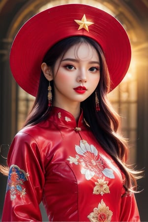 1girl,best quality,masterpiece,illustration,an extremely, red  AO DAI clothes, one Golden five-pointed star pattern on chest, The background color is red with a golden star shining golden behind the model's back, delicate and beautiful,CG,unity,8k wallpaper,Amazing,finely detail,masterpiece,official art,extremely detailed CG unity 8k wallpaper,incredibly absurdres,huge filesize,ultra-detailed,highres,extremely detailed,beautiful detailed girl,realistic, long sleeve, conical hat