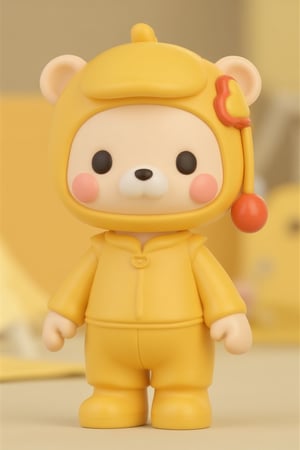 3d rendering,pvc figure, basic base,a 3D animated character, a bear, dressed in a yellow outfit with a matching yellow hat The bear has rosy cheeks, large round eyes, and a small heart-shaped accessory on its head The character is standing upright with its arms by its side