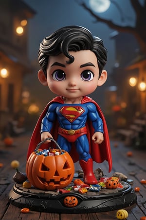 3d rendering, pvc figure, basic base, a super adorable Superman, vibrant digital art in kawaii 3D cartoon style with exaggerated features, hyper-realistic textures, intricate Halloween-themed environment with spooky lighting, eerie fog, and subtle shadows, candy-filled trick-or-treat bag with reflective wrappers, and a pumpkin-shaped cape clip with intricate carvings,Blind,Resin