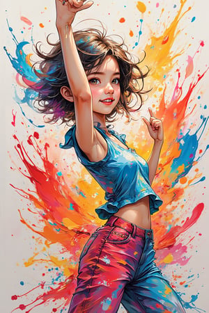 Masterpiece, Professional, Top Quality, High Resolution, High Detail, Perfect Detail, Extremely Detailed, young girl, adolescent, energetic, joyous, selfie, outline, angle downwards, v shape hand pose, cute, adorable, sexy, dance, suggestive outfit, paint splash background, vibrant paint, high contrast, abstract, volumetric light, high quality, detailed, masterpiece,girl,xxmix_girl