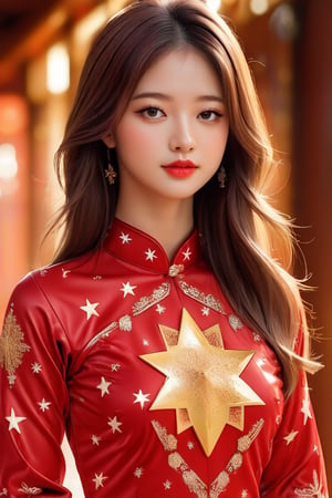 1girl,best quality,masterpiece,illustration,an extremely, red  AO DAI clothes, Golden star pattern on chest, delicate and beautiful,CG,unity,8k wallpaper,Amazing,finely detail,masterpiece,official art,extremely detailed CG unity 8k wallpaper,incredibly absurdres,huge filesize,ultra-detailed,highres,extremely detailed,beautiful detailed girl,realistic