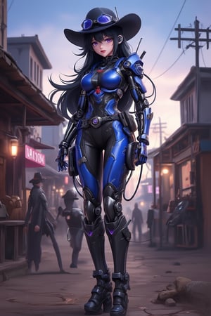 Masterpiece, professional, Top Quality, High Definition, high detail, perfect detail, perfect hands and feet (perfect anatomy). jqzx, 1 girl, solo, purple eyes, long hair, breasts, cowboy scene, looking at viewer, sci-fi, jumpsuit, lips, black hair, hat, medium breasts, cable, cyberpunk, blue headgear, standing, mechanical parts, tight, closed mouth, helmet, robot, mechanical arms, background is a Texas town scene from the cowboy movie Mecha, plastic