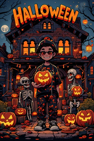 lend of real and illustration elements_CHLO,surrounded by the colorful text Halloween,Halloween themed,a young male,full body,fashion T-SHIRT,streetwear,Halloween hat,holding a glowing Jack-O-Lantern,sunglasses,smile and happy,standing in front of a house,an adorable skeleton family in their cozy house,embellished with Halloween trinkets like carved pumpkins and draped cobwebs,eagerly anticipating the celebration.illustration elements of pumpkins and candies,(masterpiece),ultra-detailed,best quality,8K,High-resolution,Extremely sharp detail without blurring,extremely intricate detail,extremely realistic,Award-winning artwork,Vshorror,Enhanced all