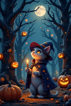 A whimsical Halloween night scene: a cute, anthropomorphic cat, dressed in a miniature witch's hat and cape, holds a flickering candle amidst a mystical forest. The cat's fur shimmers with an ethereal glow, as it peers up at the moon, its eyes aglow like tiny lanterns. In the background, towering trees creak and sway, their branches adorned with glowing jack-o'-lanterns and spider webs.