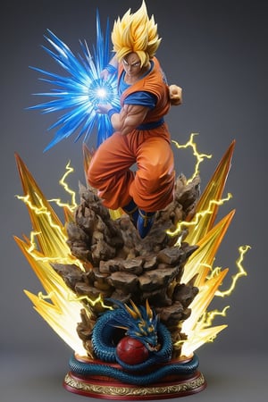 Masterpiece, professional, Top Quality, High Definition, high detail, perfect detail, perfect hands and feet (perfect anatomy).A powerful scene featuring Goku in an orange and blue outfit, with spiky blonde hair, soaring over jagged rocks. He is holding a glowing blue energy sphere, surrounded by sharp streaks of light like yellow lightning emanating from the ground. His intense expression and pose suggest that he is gathering energy for a devastating attack. The base of the statue features a blue dragon wrapped around a red sphere, adding a mystical element. The energy explosions and vibrant colors of the scene give a sense of immense power and movement