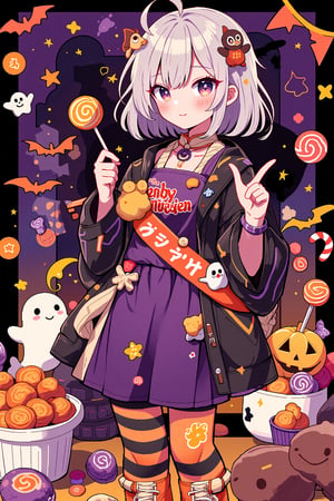 (masterpiece), halloween, sweets, cookie, candy, swirl lollipop, chocolate, candy cane, (ghost), string of flags, 1girl, halloween striped thighhighs, skirt,