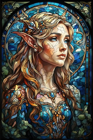 Create a stunning piece of stained glass art featuring a beautiful female elf with long, flowing blonde hair and striking ocean blue eyes. Her facial features are elegant and refined, with high cheekbones, a slender nose, and a serene expression. The glass should be brightly colored, with intricate patterns around her head, reminiscent of nature or elf symbols. Include natural light, gently filtering through the stained glass, creating a magical and serene atmosphere. The design should focus on her beauty and grace, combining classic stained glass art with elf fantasy elements,Glass