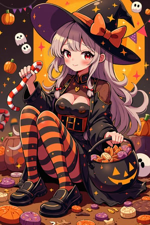 (masterpiece), a young woman, halloween striped thighhighs, witch hat, grin, (ghost), sweets, candy, candy cane, cookie, string of flags, halloween costume, jack-o'-lantern bucket, halloween