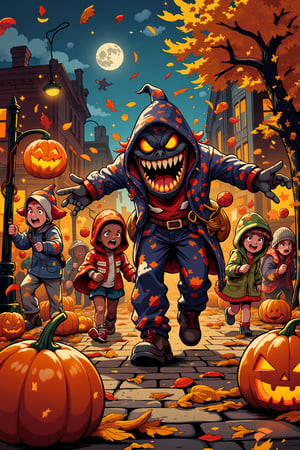 Whimsical Halloween chaos unfolds as a group of mischievous trick-or-treaters, donning elaborate costumes, chase the sweet-toothed Candyman through a vibrant autumnal landscape. Amidst rustling leaves and twinkling streetlights, the children's giggles and screams mingle with the scent of ripe pumpkins. A masterpiece of colorful chaos by ZloyOrk.