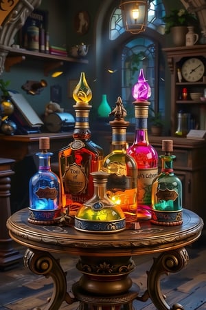 3d rendering,figure resin, basic base ,(masterpiece, best quality),A collection of potion bottles with various shapes and colors, each glowing with vibrant magical energy. They are placed on a small, round, vintage-style table that evokes an old European atmosphere. In the background, a slightly blurred alchemist's study helps to focus attention on the bottles. Soft light filters into the scene, while fireflies float around, adding a touch of mystery and magic to the glowing bottles.