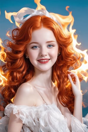 Conrad Rosset's whimsical portrait of a 17-year-old redhead: A bright-eyed beauty with a captivating smile and sparkling blue eyes, framed by a tumble of curly locks tied with a white ribbon. Her hair, ablaze with vibrant hues of red, orange, and pink, appears to be set aflame, as if infused with the fiery spirit within. She winks knowingly at the viewer, her lips curled upward in a mischievous grin, all beneath a warm, golden light.